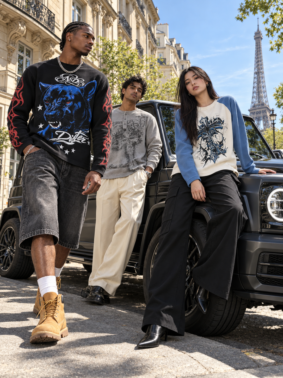 Three fashion models wearing Rare Matter Midnight Prowl, Blue Oath and Ash Relic tops on a Paris street.